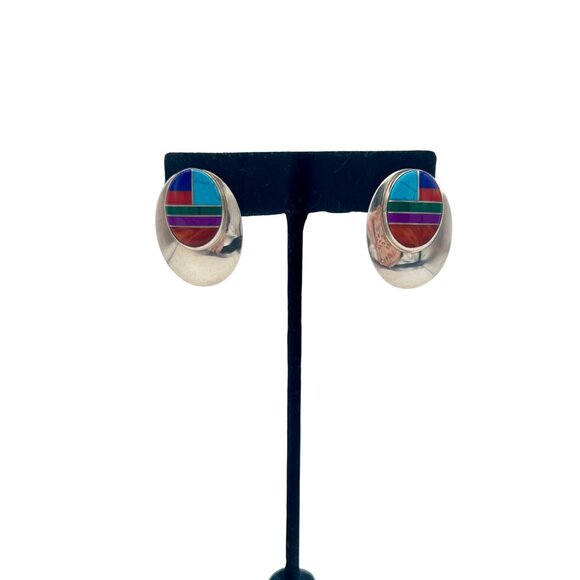 Vintage Zuni Sterling Silver Oval Earrings Turquoise Coral Malachite Lapis Inlay - Picture 3 of 8